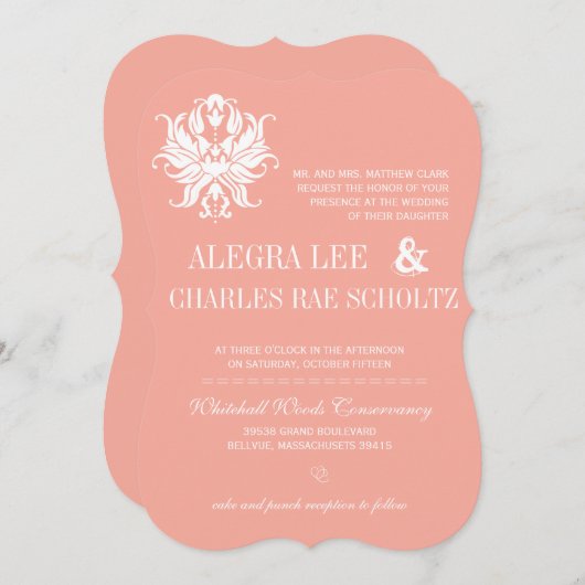 Peach Blush Damask Modern Chalkboard Invitation Kaart (Voorkant / Achterkant)