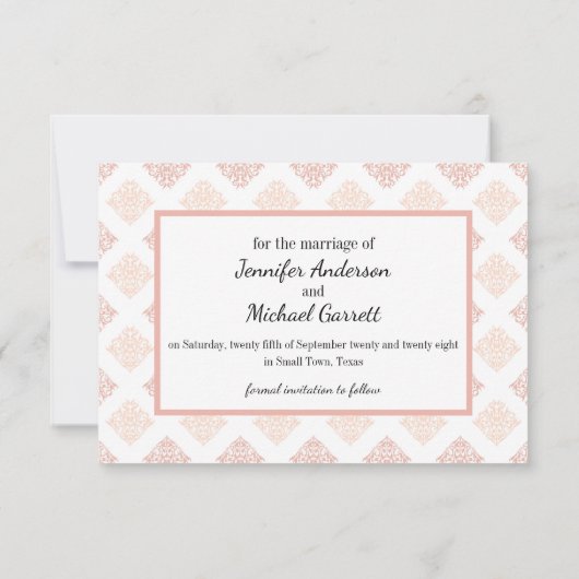 Peach Blush Damask Save The Date (Achterkant)