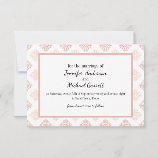 Peach Blush Damask Save The Date (Achterkant)