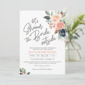 Peach Blush en Navy bruidsdouche uitnodiging (Staand voorkant)