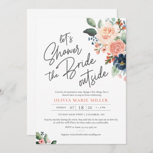 Peach Blush en Navy bruidsdouche uitnodiging (Voorkant / Achterkant)