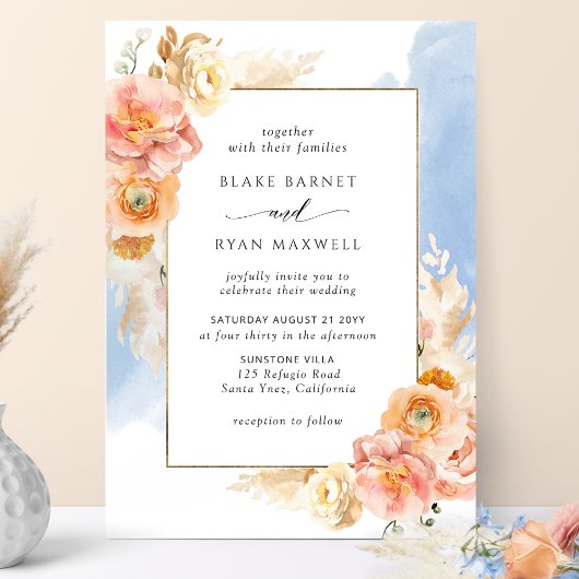Peach Blush Floral, Blue Waterverf Chic Wedding Kaart