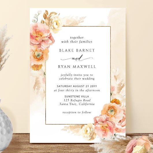 Peach Blush Floral, Cream Waterverf Chic Wedding Kaart