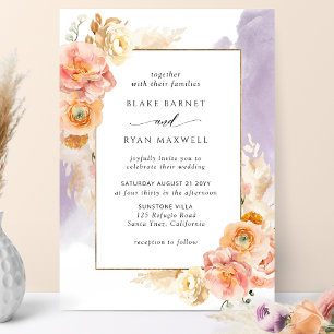 Peach Blush Floral, Paarse Waterverf Chic Wedding Kaart