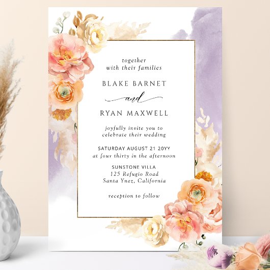 Peach Blush Floral, Paarse Waterverf Chic Wedding Kaart