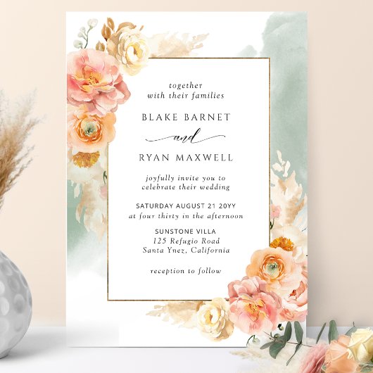 Peach Blush Floral, Sage Waterverf Chic Wedding Kaart