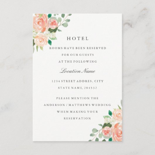 Peach Blush Floral Wedding Hotel Accommodatie Informatiekaartje (Voorkant)