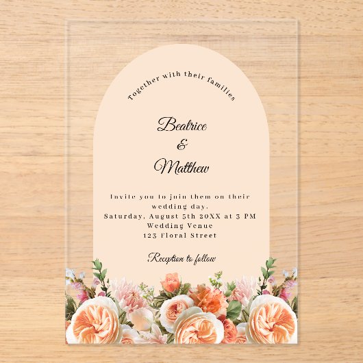 Peach blush florals arch clear wedding acryl uitnodigingen (Voorkant)