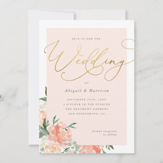 Peach Blush & Gold Script Bloemenbruiloft Kaart (Voorkant)