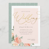 Peach Blush & Gold Script Bloemenbruiloft Kaart (Voorkant / Achterkant)
