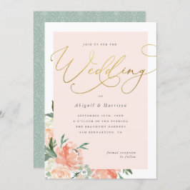 Peach Blush & Gold Script Bloemenbruiloft Kaart