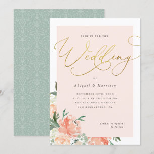 Peach Blush & Gold Script Bloemenbruiloft Kaart