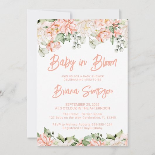 Peach Blush Ivory Baby in Bloom Shower Invitation Kaart (Voorkant)