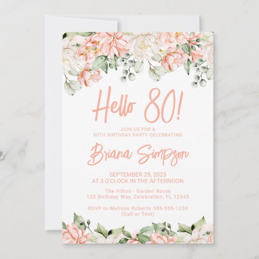Peach Blush Ivory Bloemen 80ste Verjaardagsfeest Kaart (Voorkant)