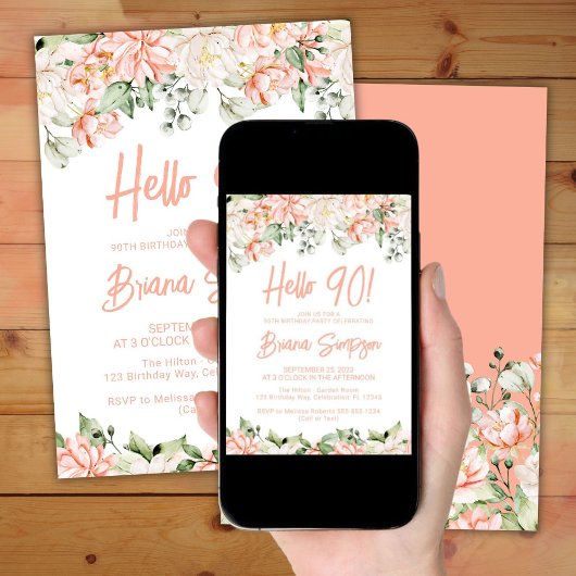 Peach Blush Ivory Bloemen 90ste Verjaardag Party Kaart