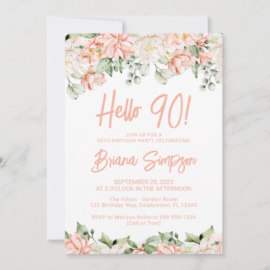 Peach Blush Ivory Bloemen 90ste Verjaardag Party Kaart (Voorkant)