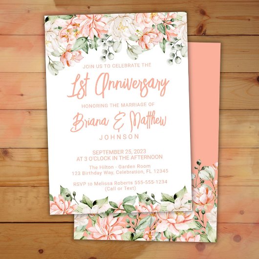 Peach Blush Ivory Floral 1st Wedding Jubileum Kaart