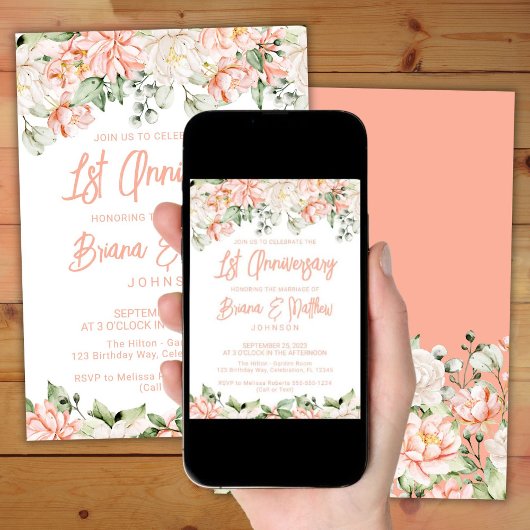 Peach Blush Ivory Floral 1st Wedding Jubileum Kaart