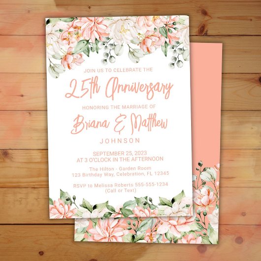 Peach Blush Ivory Floral 25th Wedding Jubileum Kaart