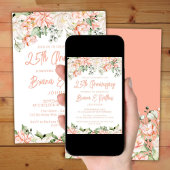 Peach Blush Ivory Floral 25th Wedding Jubileum Kaart