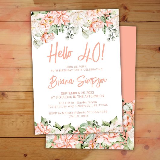 Peach Blush Ivory Floral 40ste Verjaardagsfeest Kaart