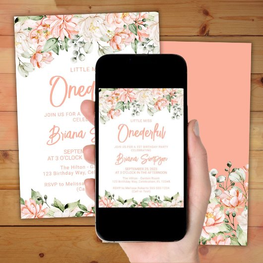 Peach Blush Ivory Floral Eervolle Verjaardag Kaart