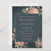 Peach Blush Moody Bloemen Donker Marine Blauw Huwe Kaart (Voorkant)