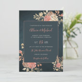 Peach Blush Moody Bloemen Donker Marine Blauw Huwe Kaart (Staand voorkant)