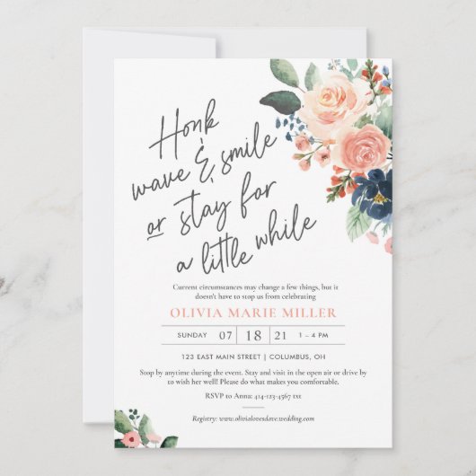 Peach Blush Navy Bridal Shower Invitation drive-by Kaart (Voorkant)