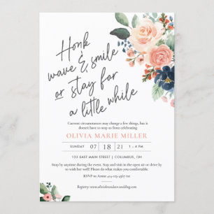 Peach Blush Navy Bridal Shower Invitation drive-by Kaart