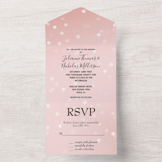 Peach Blush Ombre Confetti Bokeh All In One Uitnodiging (Binnen)