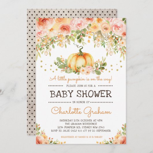 Peach & Blush Pumpkin Baby shower Invitation Chic Kaart (Voorkant / Achterkant)