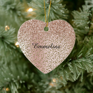 Peach Blush Roos Gold Glitter Leopard Print Name Keramisch Ornament