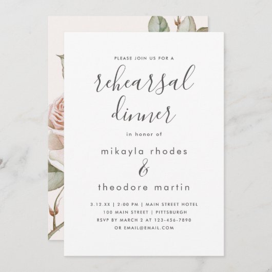 Peach Blush Rozen bruiloft repetitie diner Kaart (Voorkant / Achterkant)