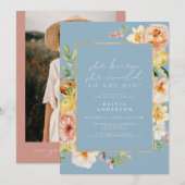 Peach Blush Spring Floral Dusty Blue Afstuderen Kaart (Voorkant / Achterkant)