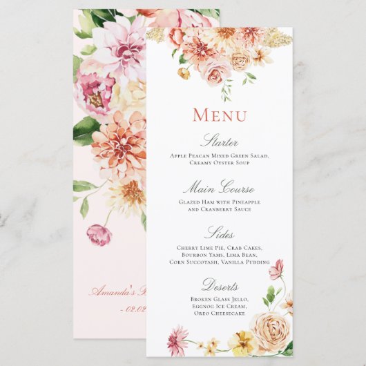 Peach Blush Summer Floral Romantic Vrijgezellenfee Menu (Voorkant / Achterkant)