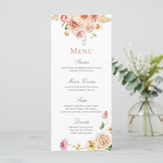 Peach Blush Summer Floral Romantic Vrijgezellenfee Menu (Staand voorkant)