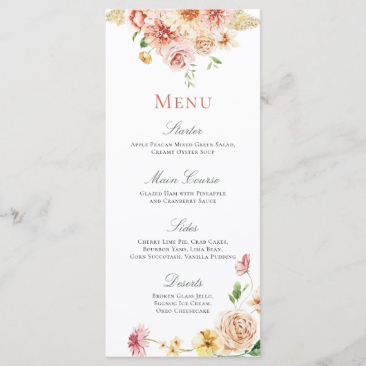 Peach Blush Summer Floral Romantic Vrijgezellenfee Menu (Voorkant)