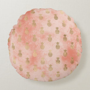 Peach Blush Tropical Gold Pineappels Rond Kussen