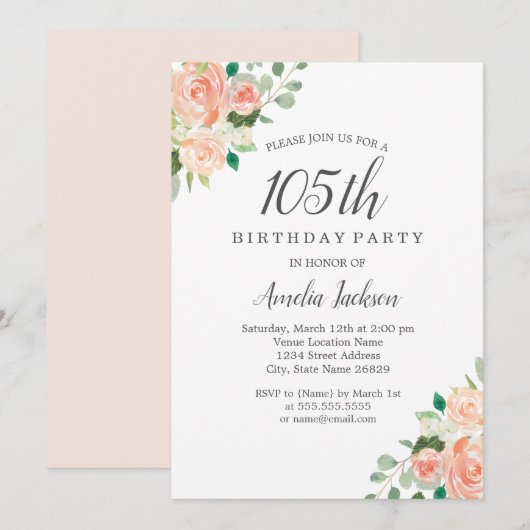 Peach Blush Waterverf Floral 105e verjaardagsfeest Kaart (Voorkant / Achterkant)