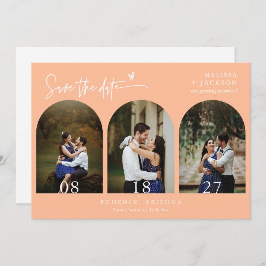 Peach Boho Arch Foto QR Code Save the Date Kaart (Voorkant / Achterkant)
