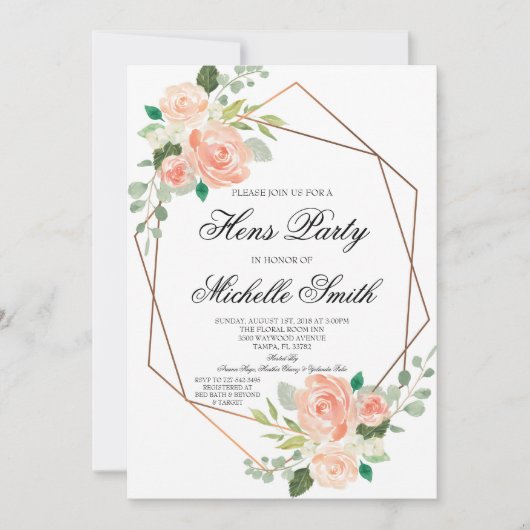 Peach Boho Floral Geometric Hens Party Invitation Kaart (Voorkant)