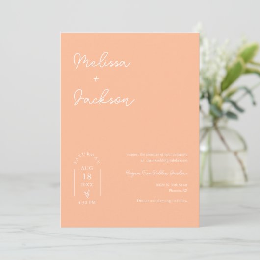 Peach Boho Minimalist Wedding QR Code Foto Kaart (Staand voorkant)