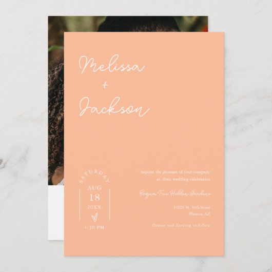 Peach Boho Minimalist Wedding QR Code Foto Kaart (Voorkant / Achterkant)