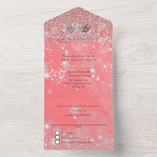 Peach Bokeh en Glitter Quinceañera All In One Uitnodiging (Binnen)