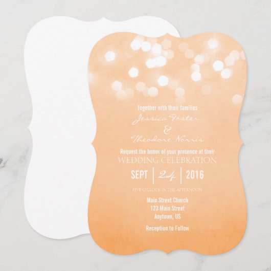 Peach Bokeh Glitter Lights Wedding Uitnodiging (Voorkant / Achterkant)