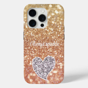 Peach Bokeh Silver Glitter Heart iPhone 15 Pro Case
