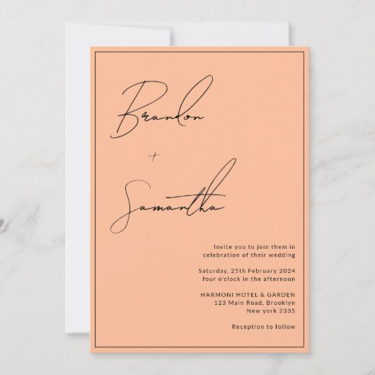 Peach Borderred Hand-Lettered Script Foto Bruiloft Kaart (Voorkant)