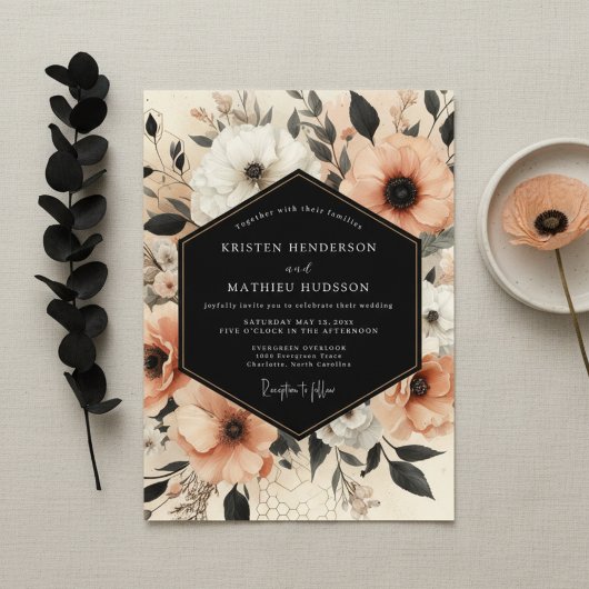 Peach Botanical Elegance Wedding Kaart