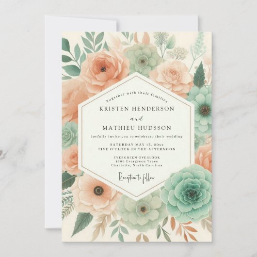 Peach Botanical Flourish Wedding Kaart (Voorkant)